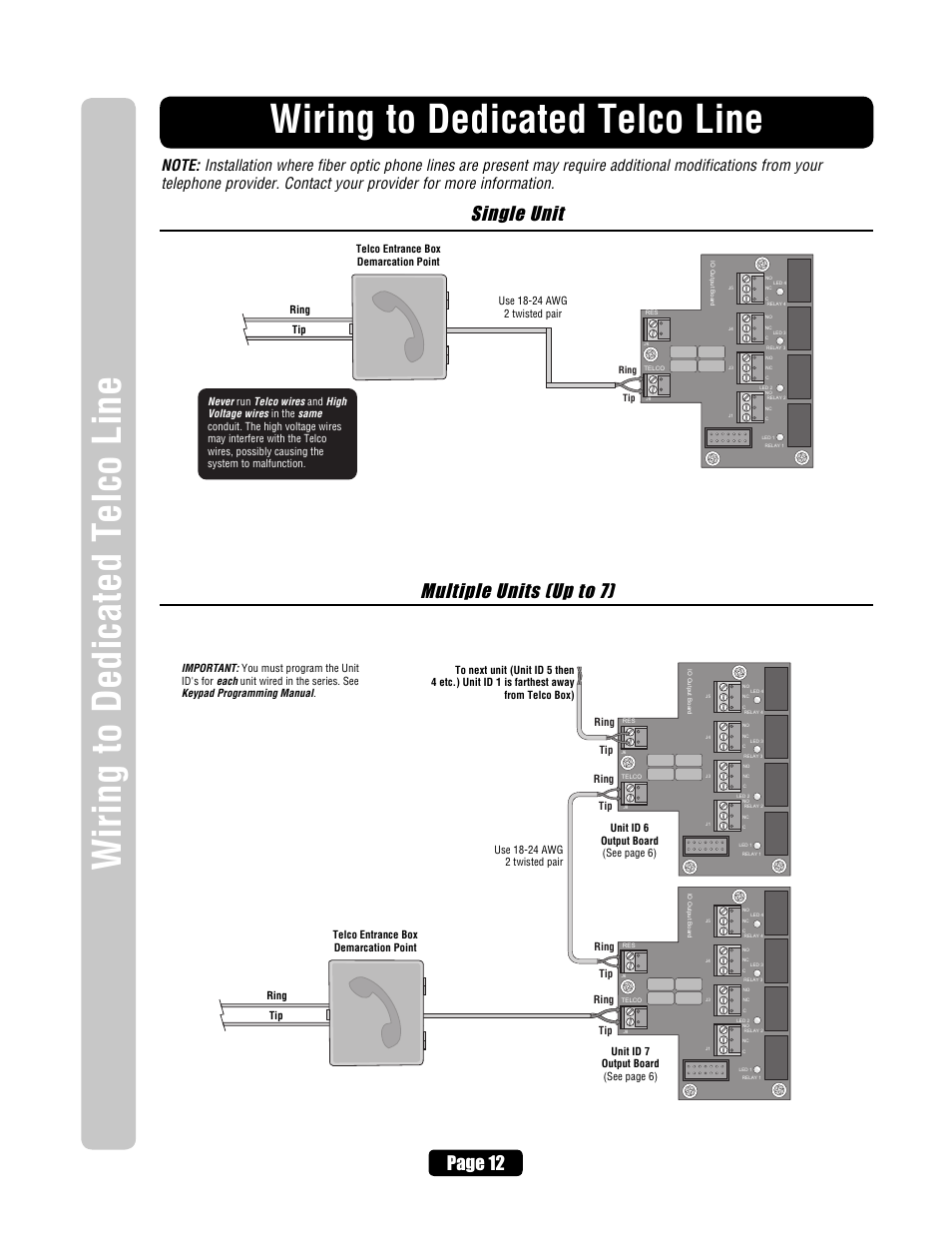Wiring to dedicated telco line, Single unit multiple units (up to 7), Page 12 | Chamberlain EL2000 User Manual | Page 14 / 32