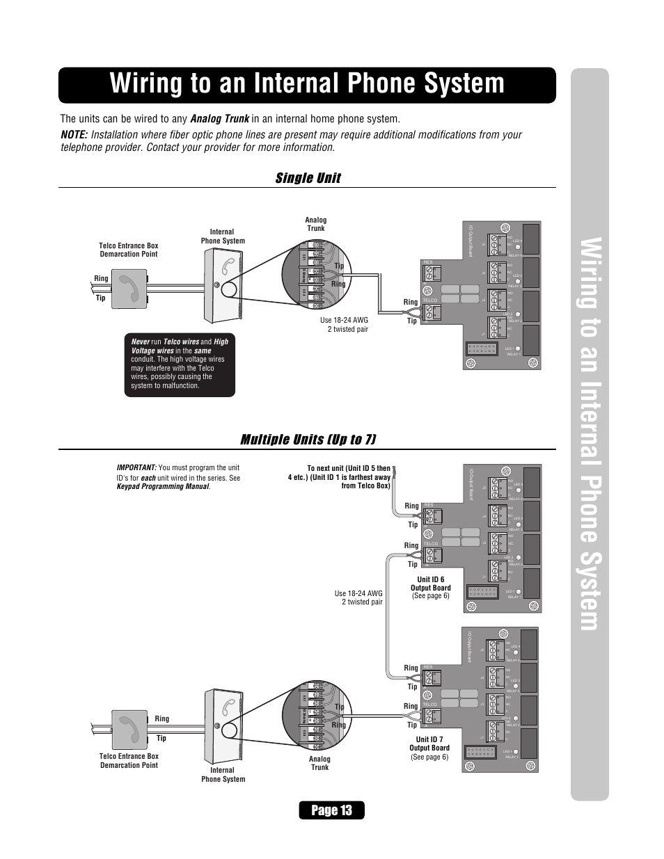 Wiring to an internal phone system, Single unit multiple units (up to 7), Page 13 | Chamberlain EL2000 User Manual | Page 15 / 32