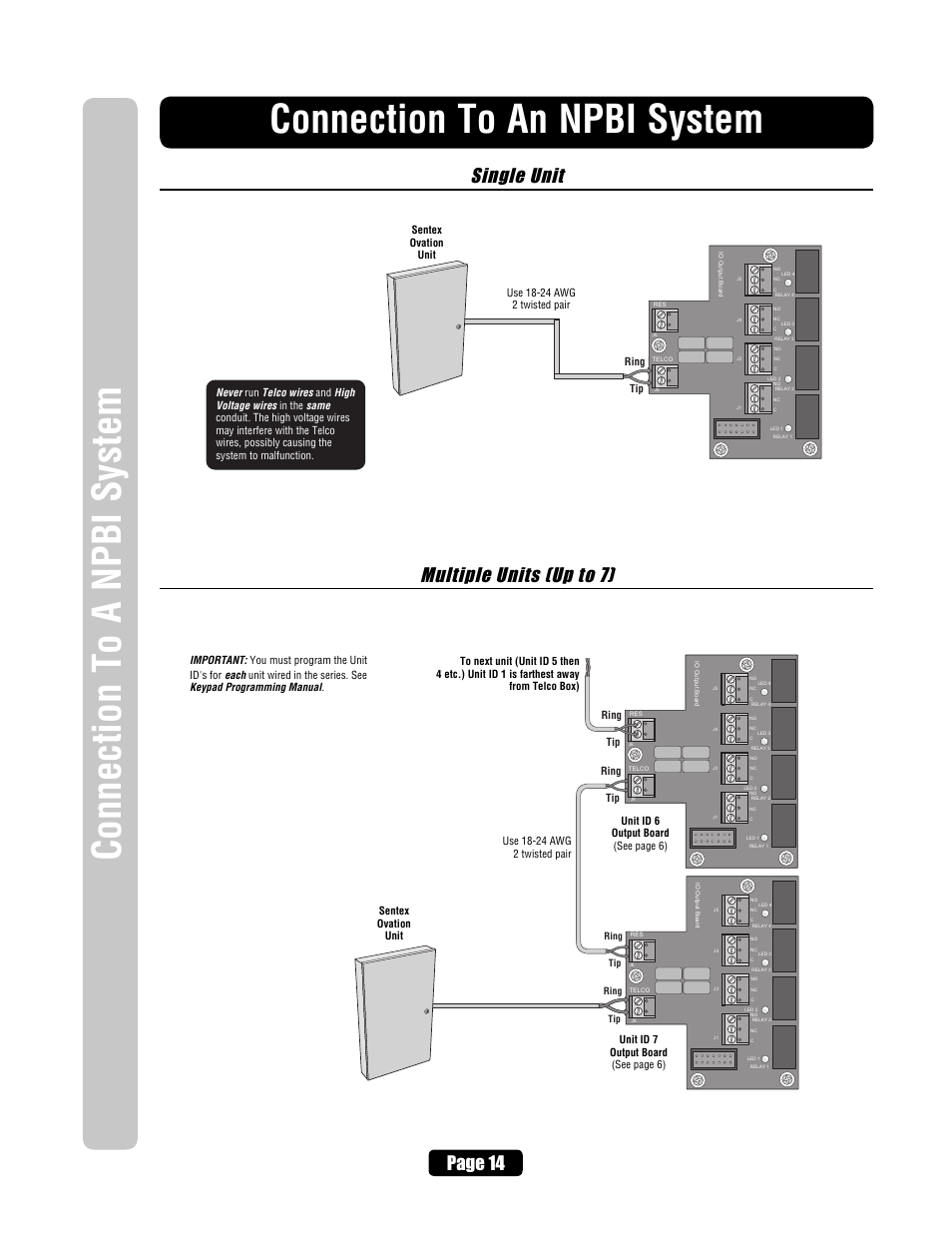 Connection to an npbi system, Single unit multiple units (up to 7), Page 14 | Tip ring tip ring | Chamberlain EL2000 User Manual | Page 16 / 32