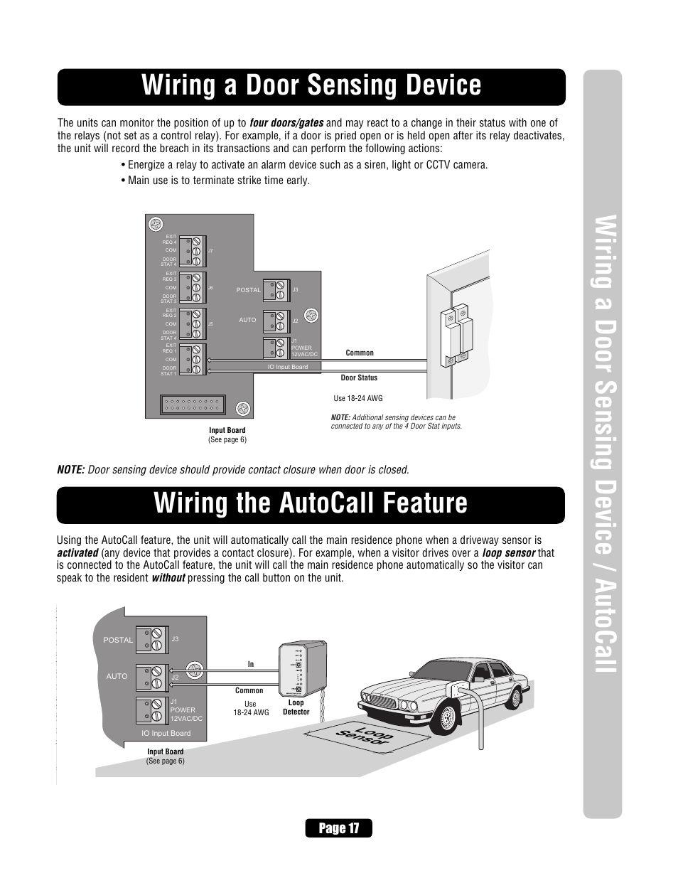 Wiring a key switch/pir/rex, Wiring a door sensing device, Wiring the autocall feature | Loop sensor, Page 17 | Chamberlain EL2000 User Manual | Page 19 / 32