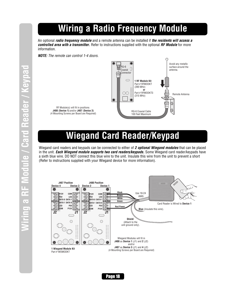 Wiring the autocall feature, Wiring a radio frequency module, Wiegand card reader/keypad | Page 18, J1 j2 j1 j2 | Chamberlain EL2000 User Manual | Page 20 / 32