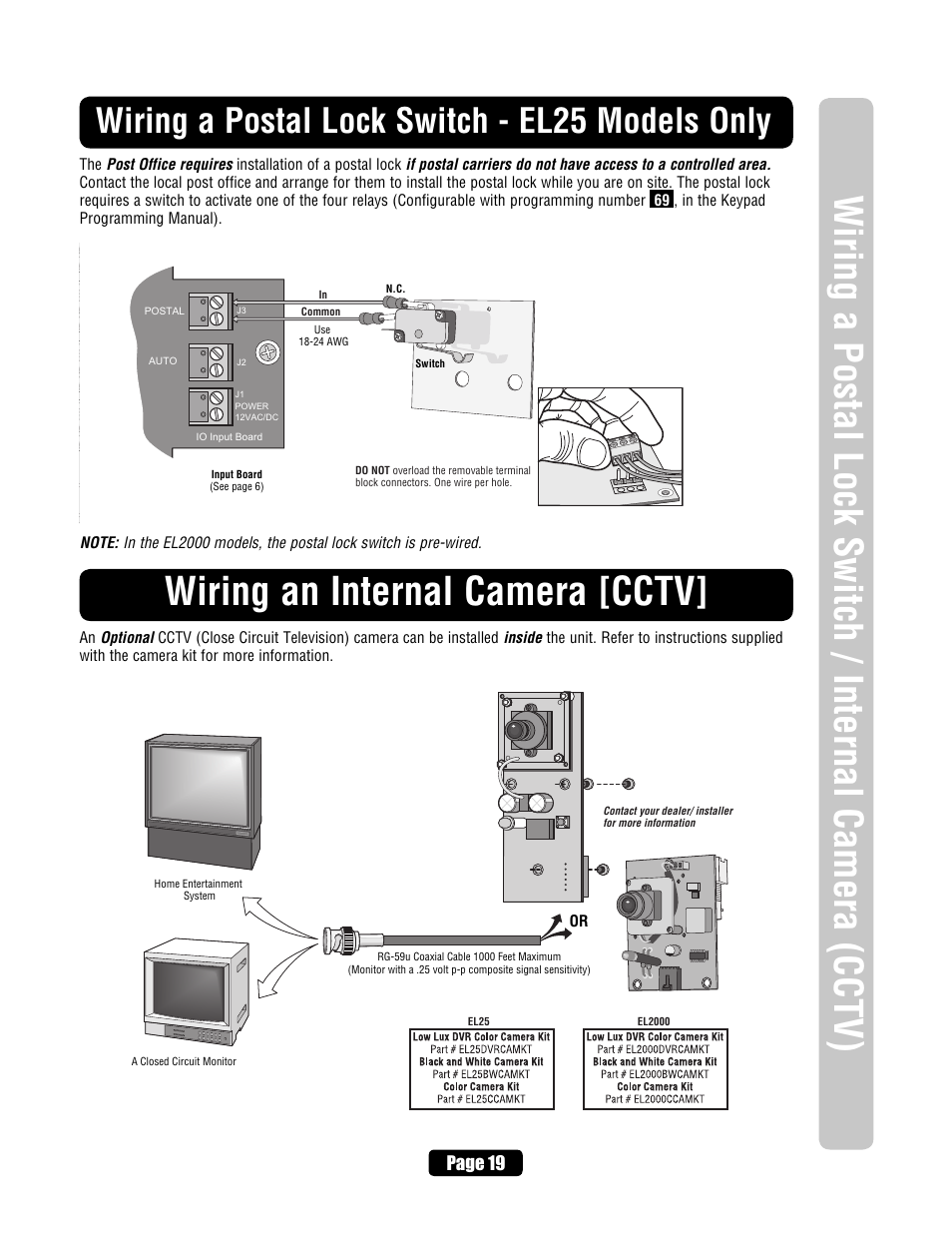Wiring a postal lock switch - el25 models only, Wiring an internal camera [cctv, Wiring power to the unit | Page 19 | Chamberlain EL2000 User Manual | Page 21 / 32