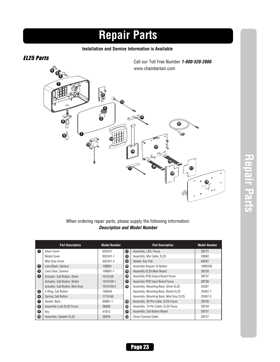 Repair parts, El25 parts, Page 23 | Chamberlain EL2000 User Manual | Page 25 / 32