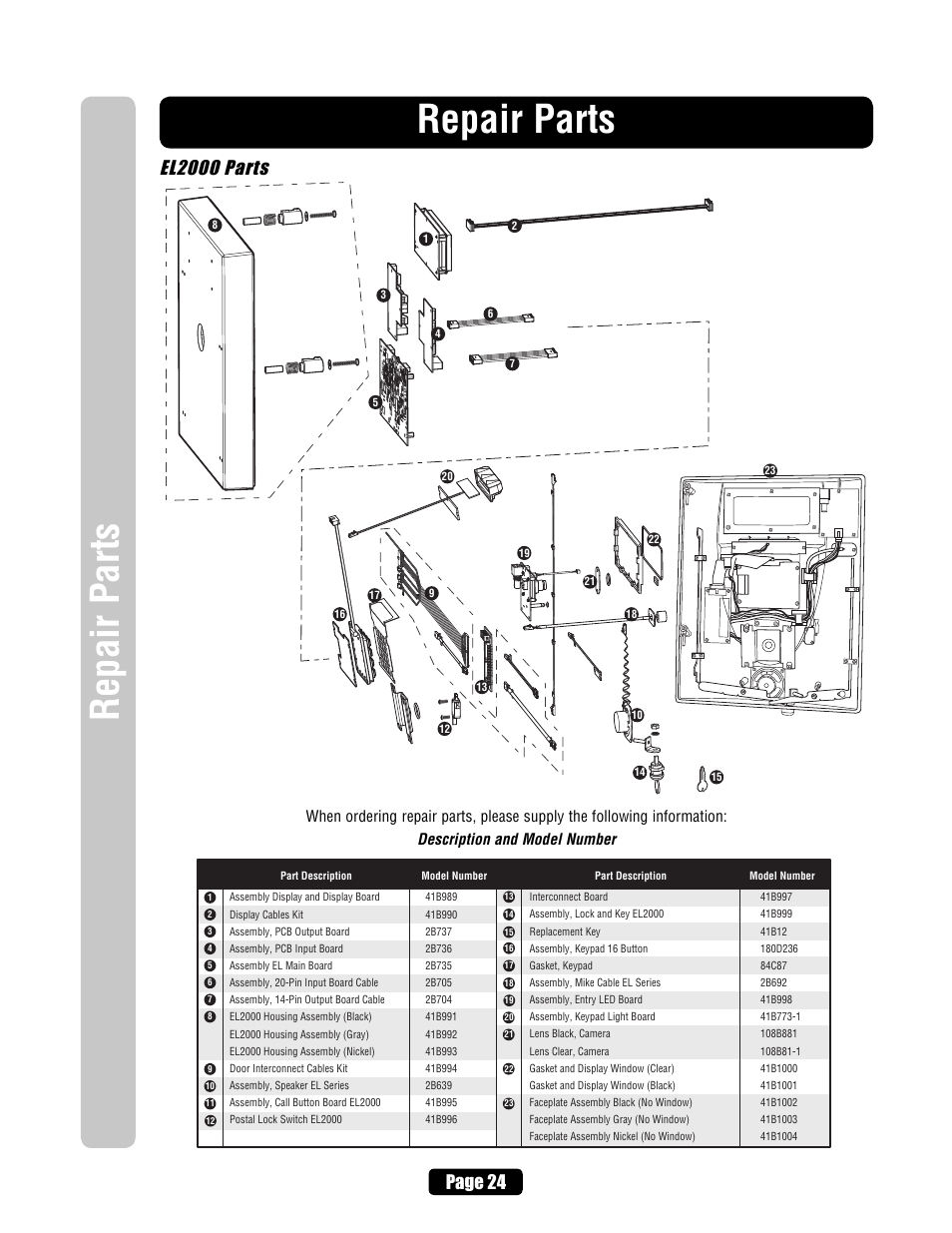 El2000 parts, Repair parts, Page 24 | Chamberlain EL2000 User Manual | Page 26 / 32