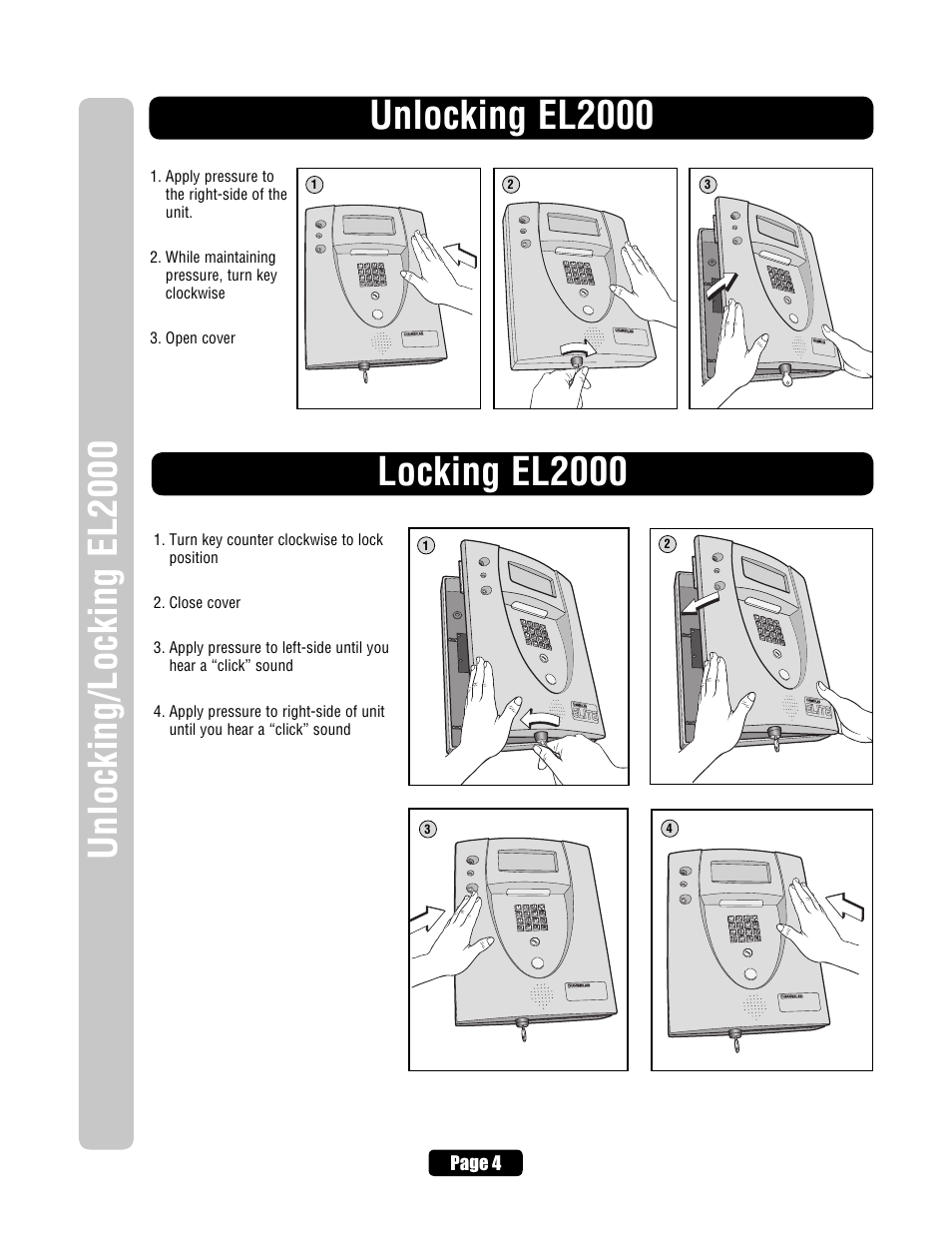 Rotating the keypad for vertical mounting, Unlocking el2000, Locking el2000 | Page 4 | Chamberlain EL2000 User Manual | Page 6 / 32