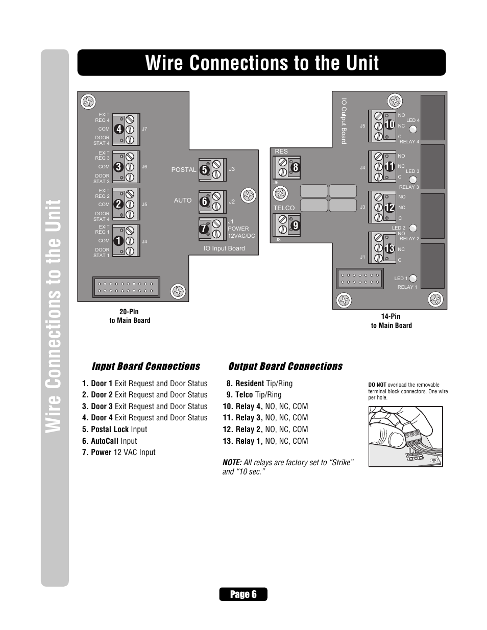 Wire connections to the unit, Input board connections, Output board connections | Page 6 | Chamberlain EL2000 User Manual | Page 8 / 32