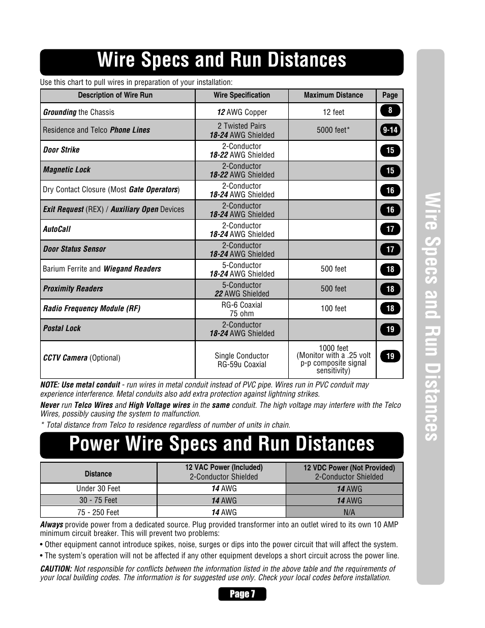 Wire specs and run distances, Power wire specs and run distances | Chamberlain EL2000 User Manual | Page 9 / 32