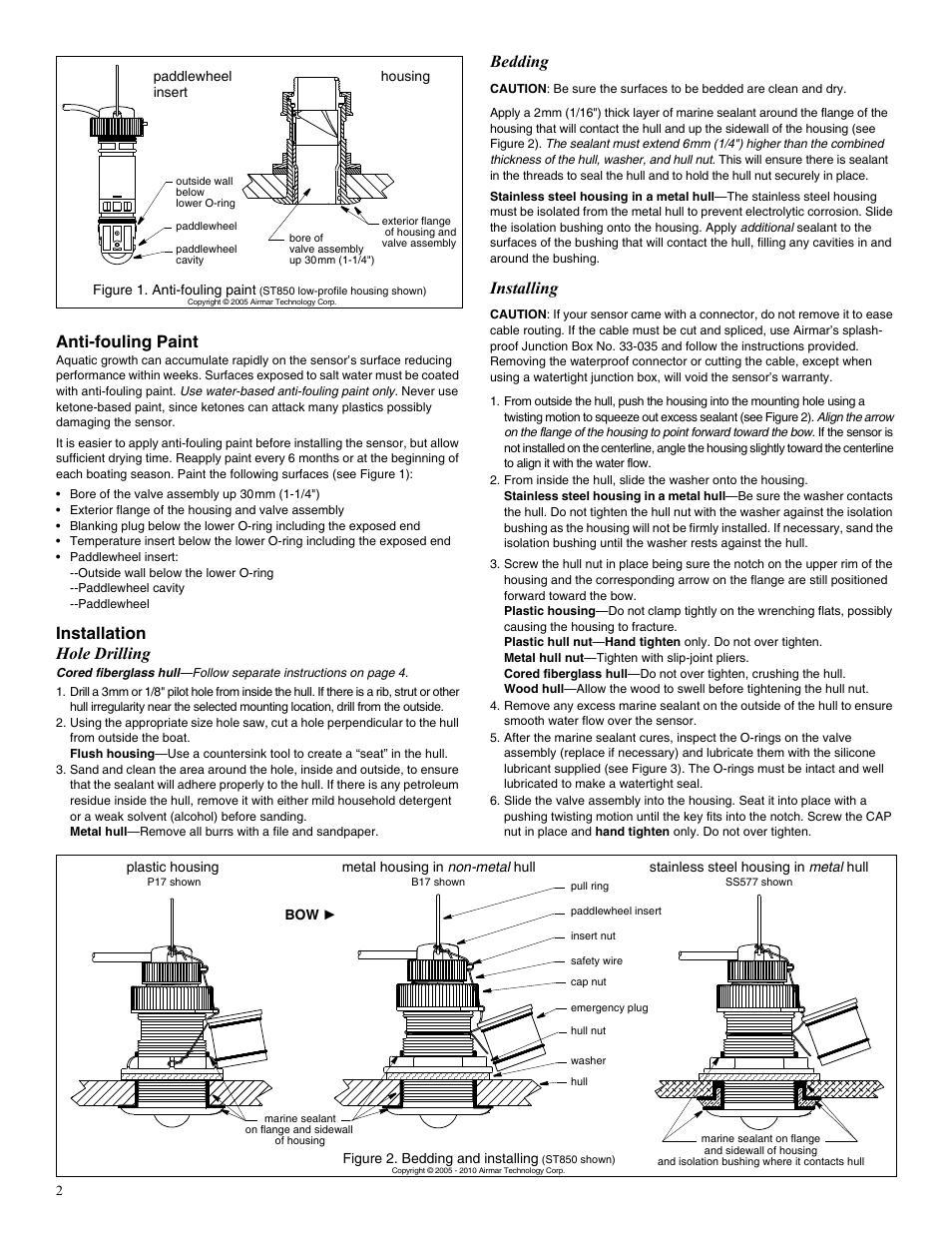 Anti-fouling paint, Installation hole drilling, Bedding | Installing | Airmar HT200 User Manual | Page 2 / 4