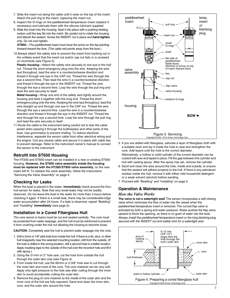 Retrofit into st650 housing, Checking for leaks, Installation in a cored fiberglass hull | Operation & maintenance how the valve works | Airmar HT200 User Manual | Page 3 / 4