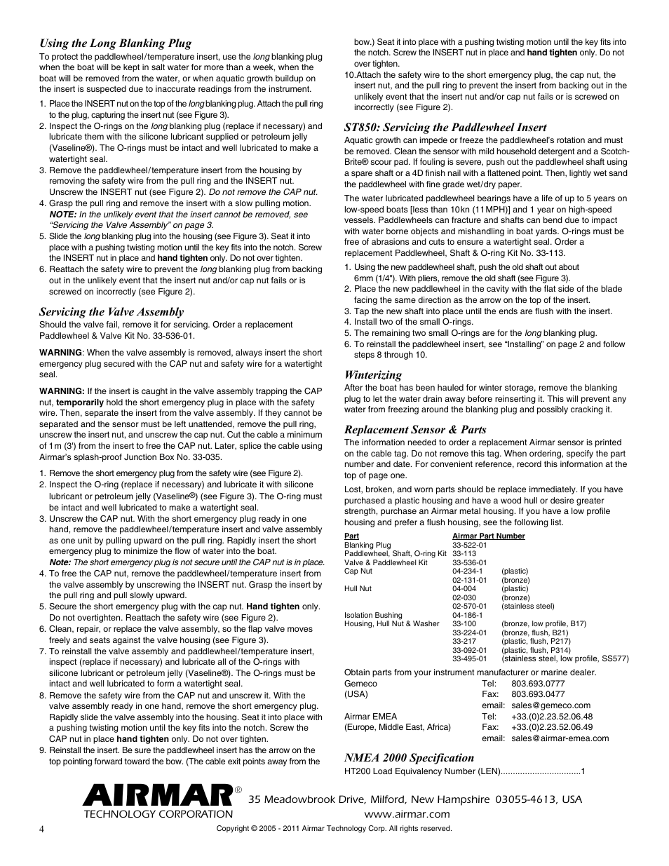 Airmar, Using the long blanking plug, Servicing the valve assembly | St850: servicing the paddlewheel insert, Winterizing, Replacement sensor & parts, Nmea 2000 specification | Airmar HT200 User Manual | Page 4 / 4