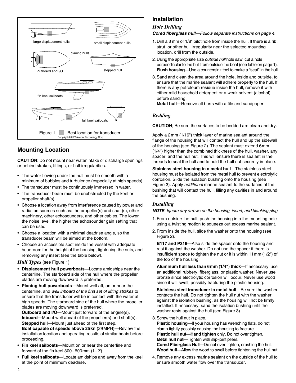 Mounting location, Installation | Airmar B17-HP User Manual | Page 2 / 4
