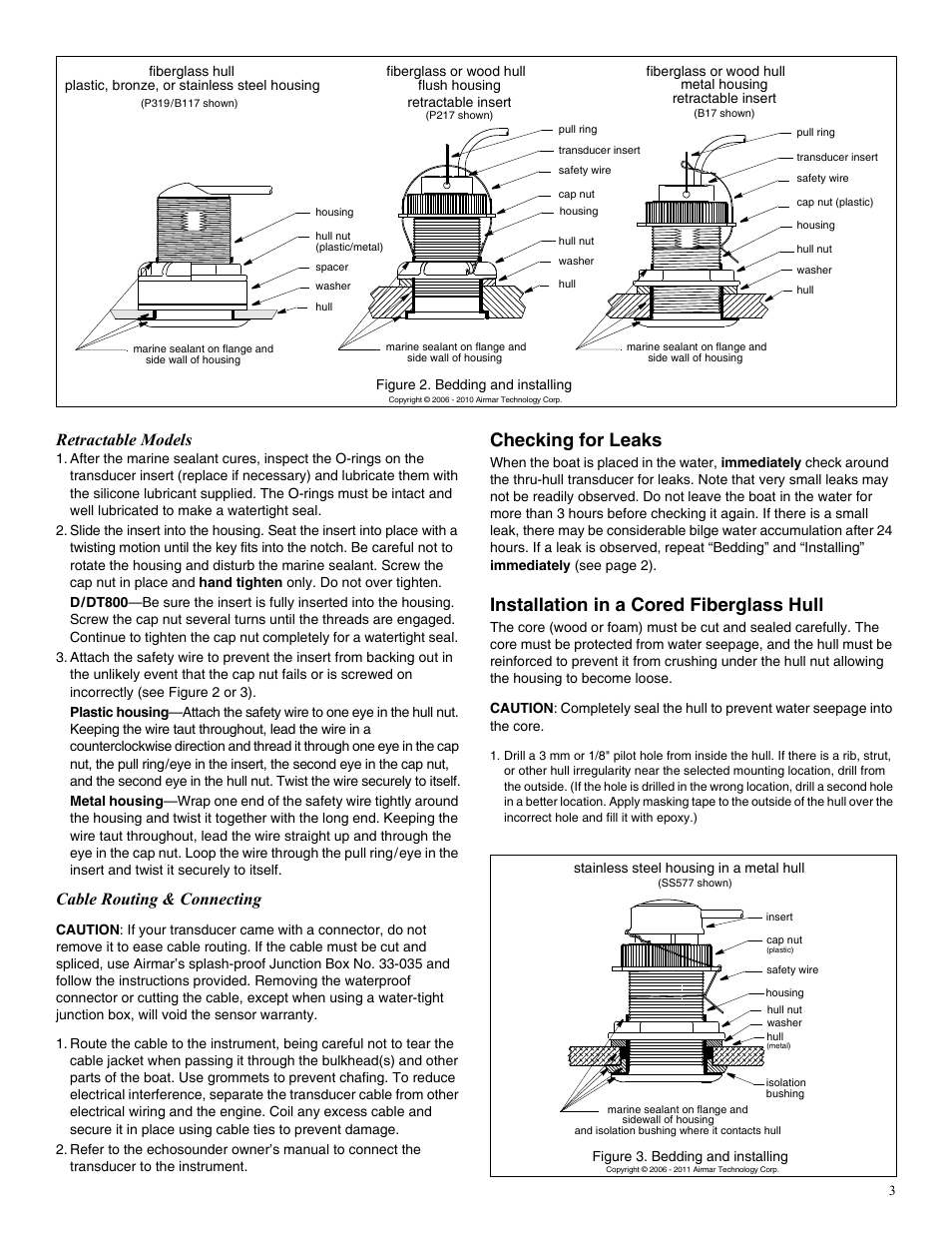 Checking for leaks, Installation in a cored fiberglass hull, Retractable models | Cable routing & connecting | Airmar B17-HP User Manual | Page 3 / 4