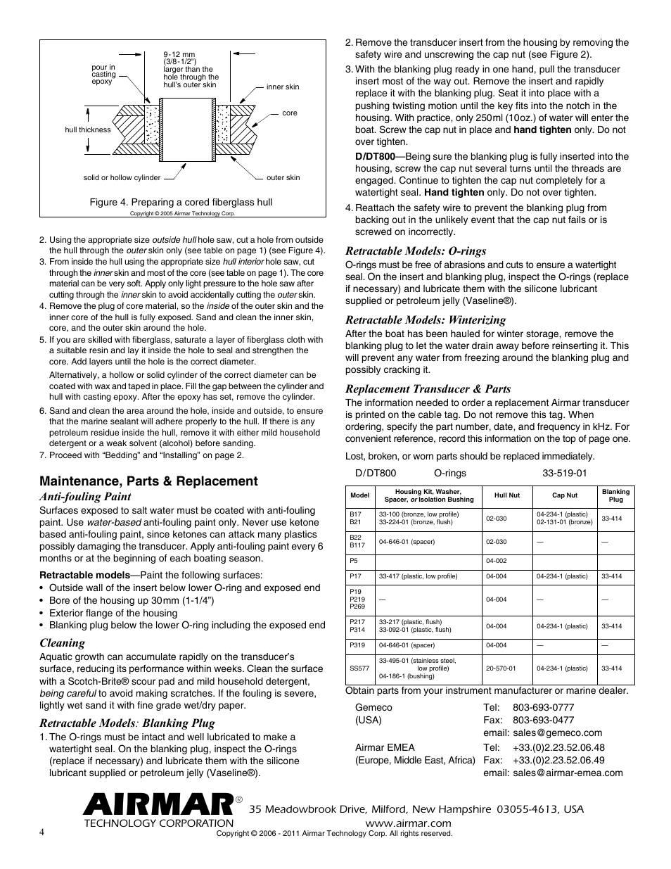 Airmar, Maintenance, parts & replacement, Anti-fouling paint | Cleaning, Retractable models : blanking plug, Retractable models: o-rings, Retractable models: winterizing, Replacement transducer & parts | Airmar B17-HP User Manual | Page 4 / 4