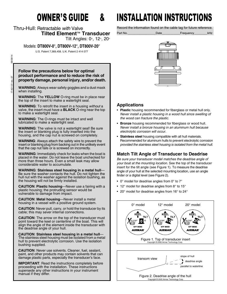 Airmar Tilted Element™ Retractable with Valve—DT800: 0°/12°/20° User Manual | 4 pages