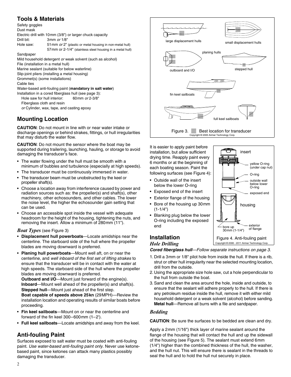 Tools & materials, Mounting location, Anti-fouling paint | Installation, Boat types, Hole drilling, Bedding | Airmar Tilted Element™ Retractable with Valve—DT800: 0°/12°/20° User Manual | Page 2 / 4