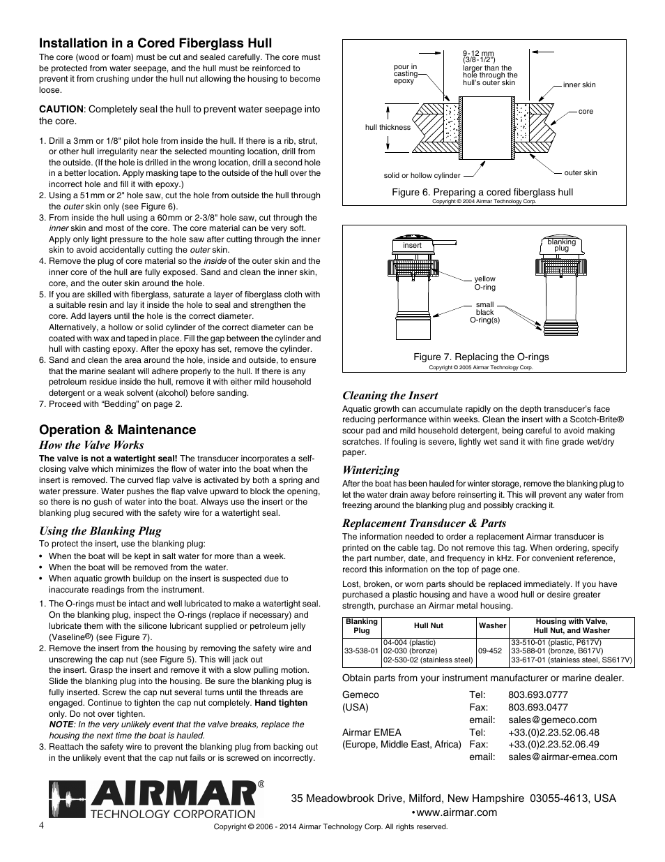 Installation in a cored fiberglass hull, Operation & maintenance, How the valve works | Using the blanking plug, Cleaning the insert, Winterizing, Replacement transducer & parts | Airmar Tilted Element™ Retractable with Valve—DT800: 0°/12°/20° User Manual | Page 4 / 4