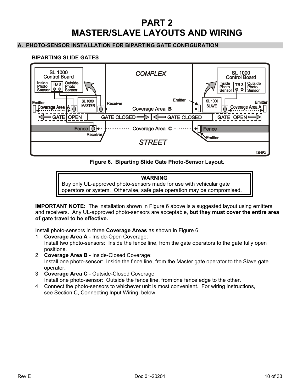 Part 2 master/slave layouts and wiring, Biparting slide gates, Figure 6. biparting slide gate photo-sensor layout | Chamberlain SL 1000-B3 User Manual | Page 13 / 36