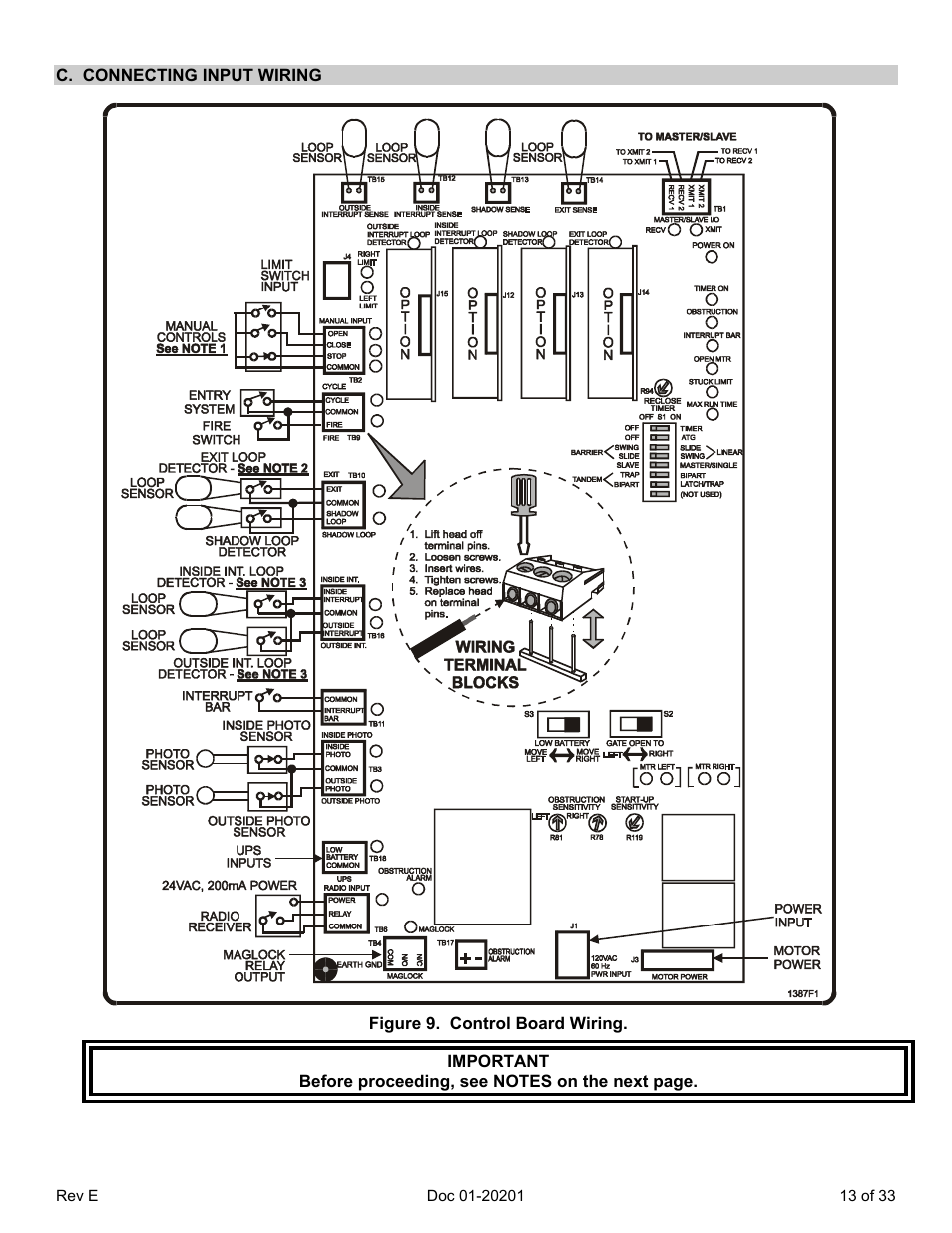 C. connecting input wiring, Important, Figure 9. control board wiring | Chamberlain SL 1000-B3 User Manual | Page 16 / 36