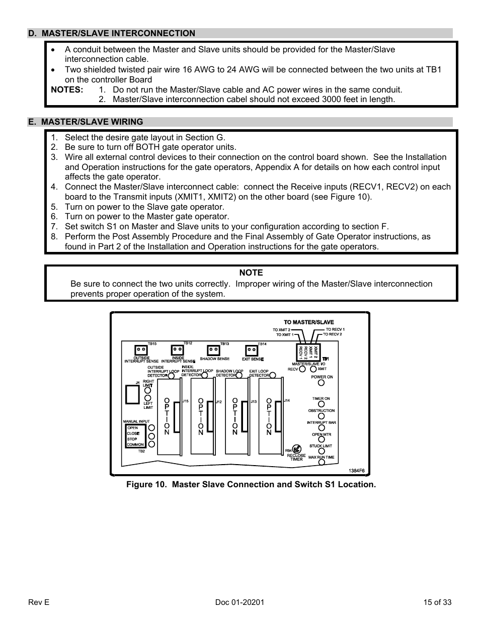 D. master/slave interconnection, E. master/slave wiring, Note | Chamberlain SL 1000-B3 User Manual | Page 18 / 36