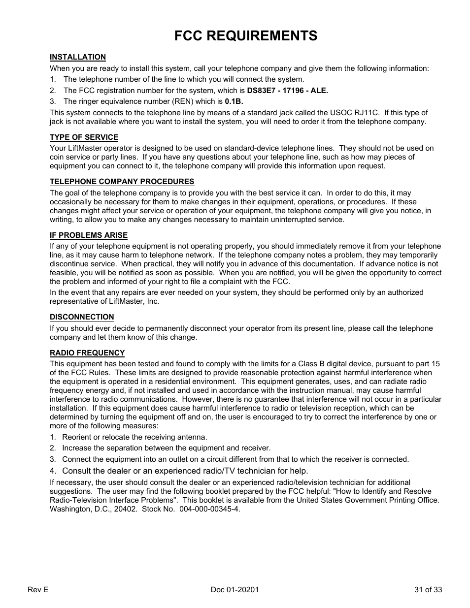 Fcc requirements, Installation | Chamberlain SL 1000-B3 User Manual | Page 34 / 36