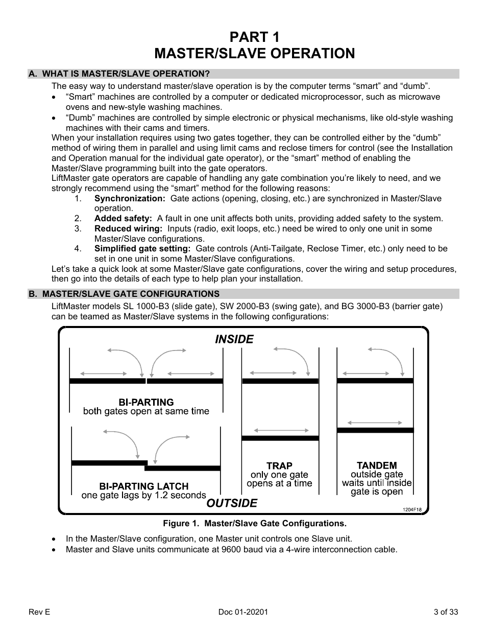 Part 1 master/slave operation, A. what is master/slave operation, B. master/slave gate configurations | Figure 1. master/slave gate configurations | Chamberlain SL 1000-B3 User Manual | Page 6 / 36