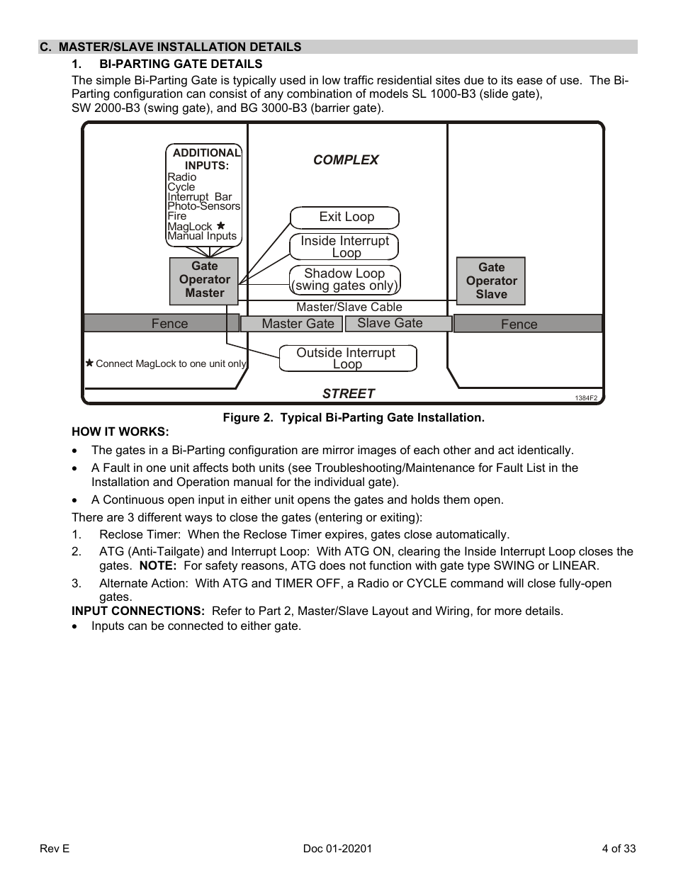 C. master/slave installation details, Bi-parting gate details, Figure 2. typical bi-parting gate installation | Chamberlain SL 1000-B3 User Manual | Page 7 / 36