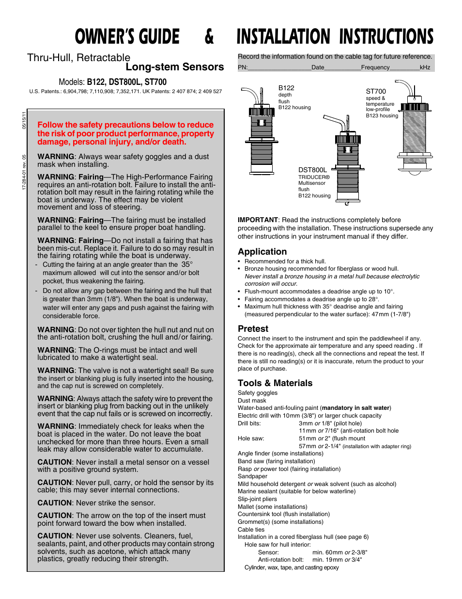 Airmar B122—Long-Stem User Manual | 8 pages