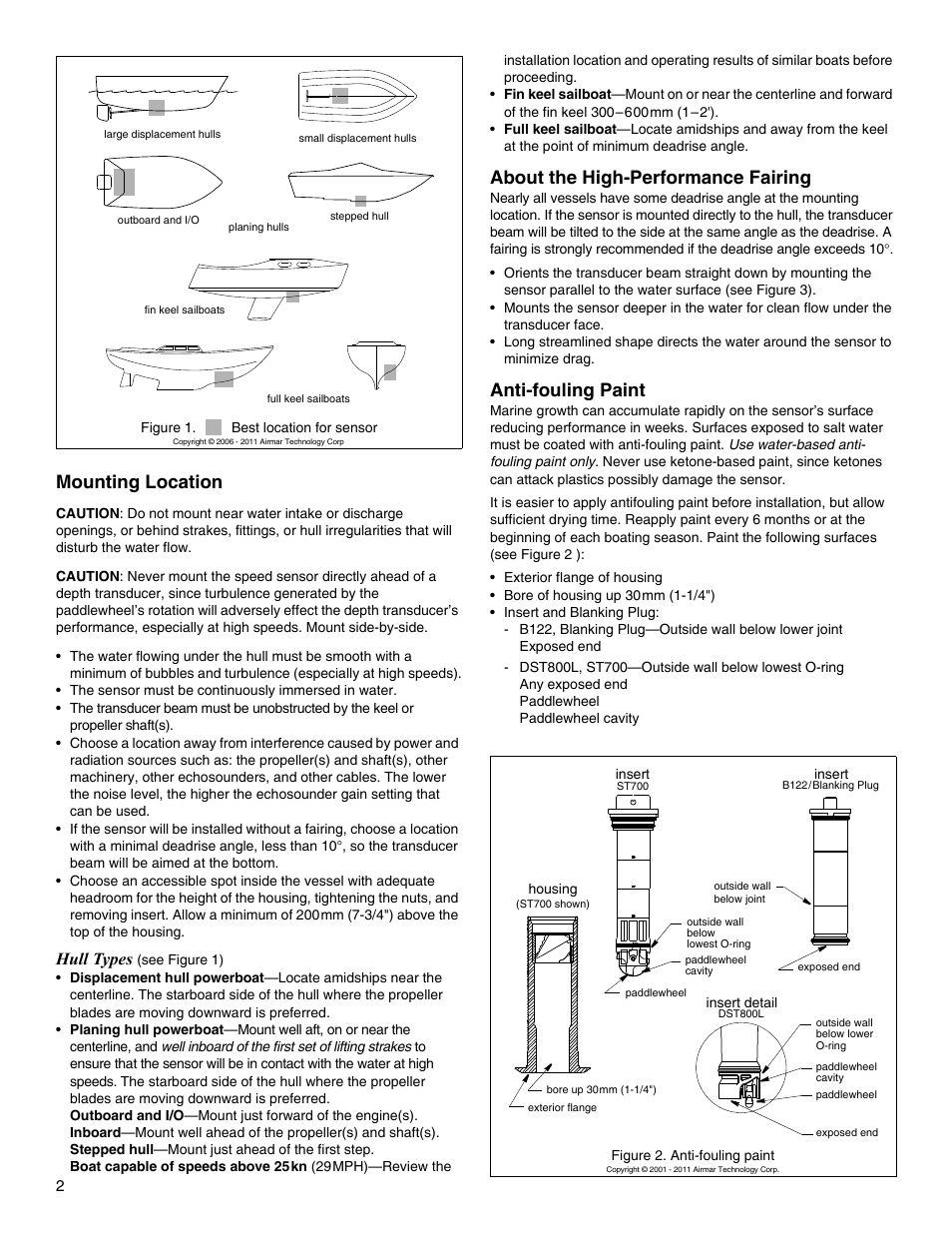 Mounting location, About the high-performance fairing, Anti-fouling paint | Hull types | Airmar B122—Long-Stem User Manual | Page 2 / 8