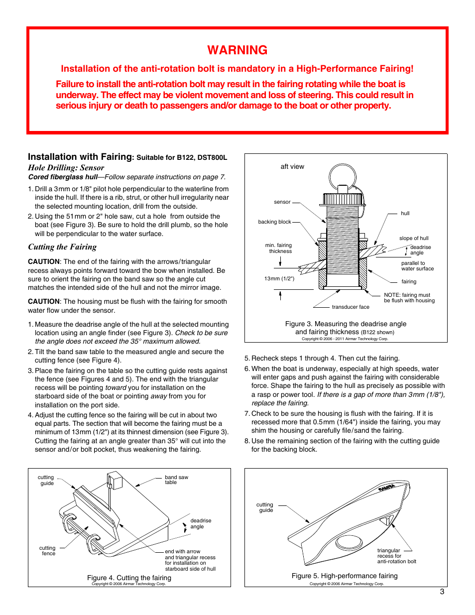 Warning, Installation with fairing, Hole drilling: sensor | Cutting the fairing | Airmar B122—Long-Stem User Manual | Page 3 / 8