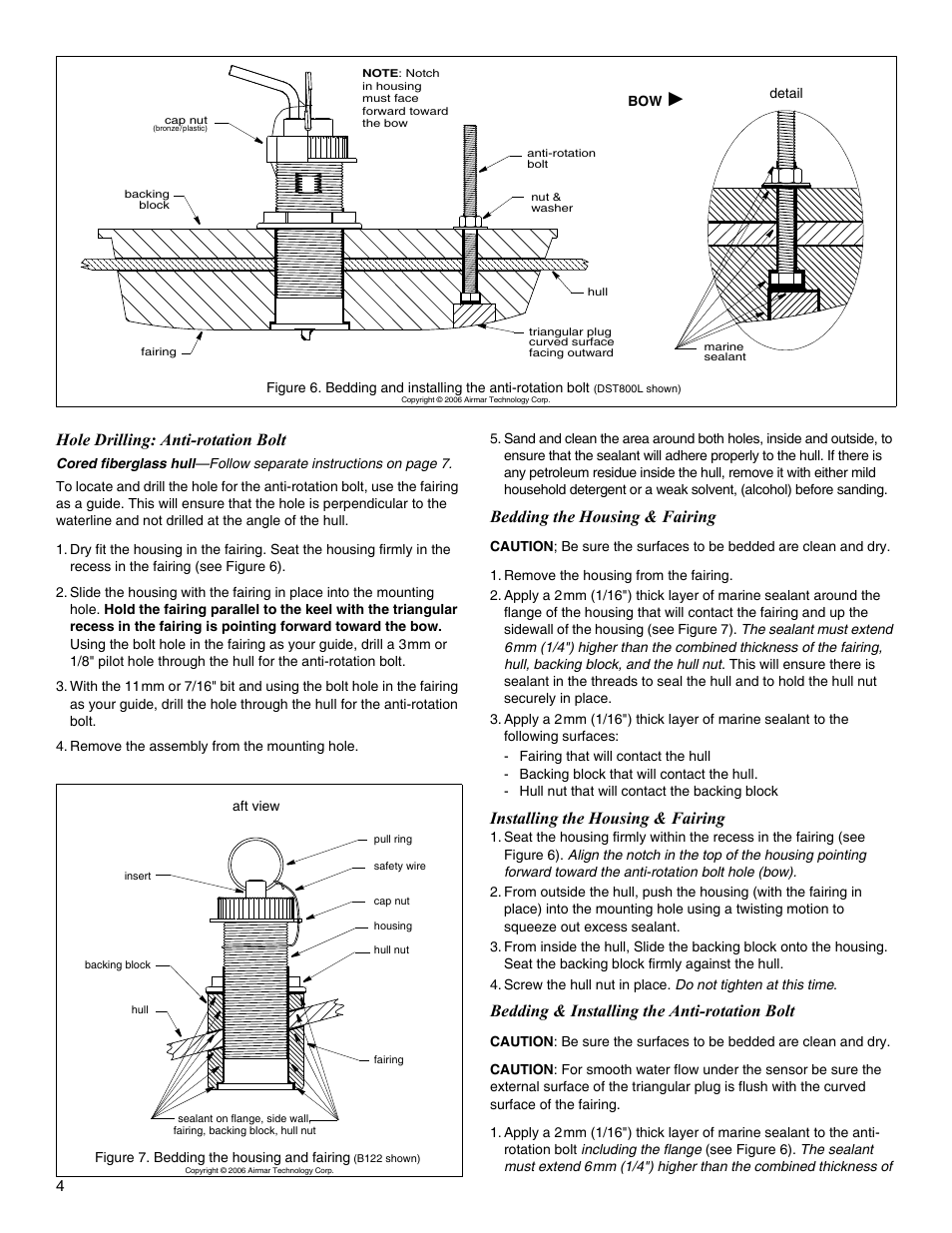 Hole drilling: anti-rotation bolt, Bedding the housing & fairing, Installing the housing & fairing | Bedding & installing the anti-rotation bolt | Airmar B122—Long-Stem User Manual | Page 4 / 8