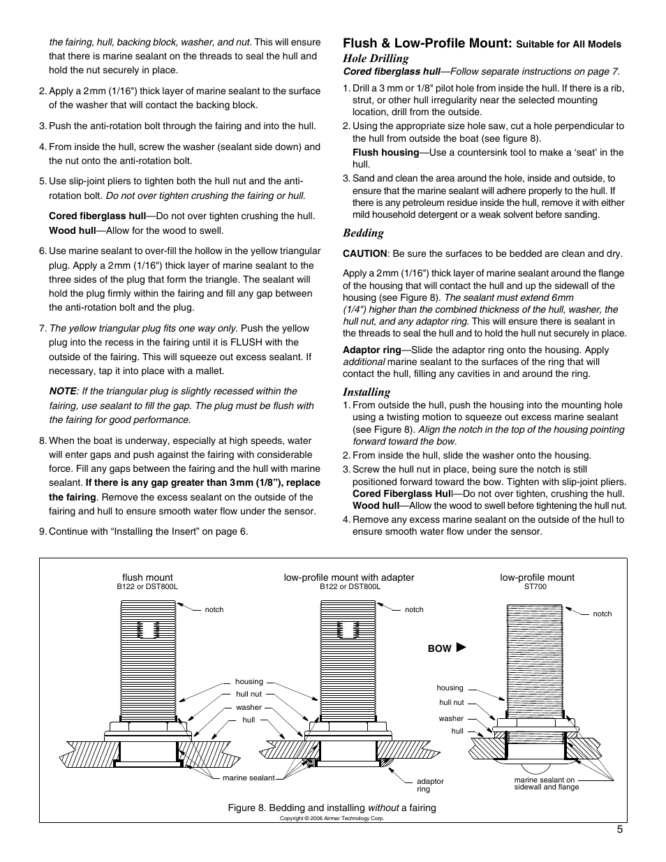 Flush & low-profile mount, Hole drilling, Bedding | Installing | Airmar B122—Long-Stem User Manual | Page 5 / 8