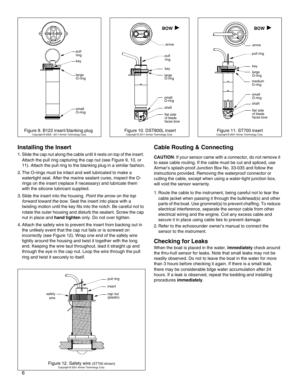 Installing the insert, Cable routing & connecting, Checking for leaks | Airmar B122—Long-Stem User Manual | Page 6 / 8