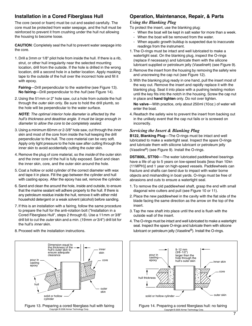 Installation in a cored fiberglass hull, Operation, maintenance, repair, & parts, Using the blanking plug | Servicing the insert & blanking plug | Airmar B122—Long-Stem User Manual | Page 7 / 8