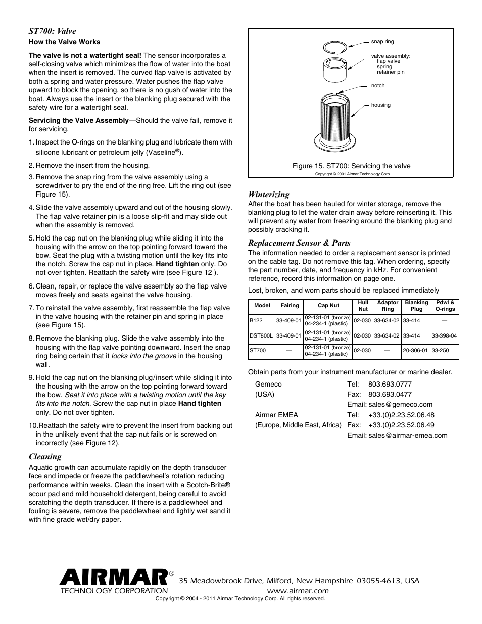 Airmar, St700: valve, Cleaning | Winterizing, Replacement sensor & parts | Airmar B122—Long-Stem User Manual | Page 8 / 8