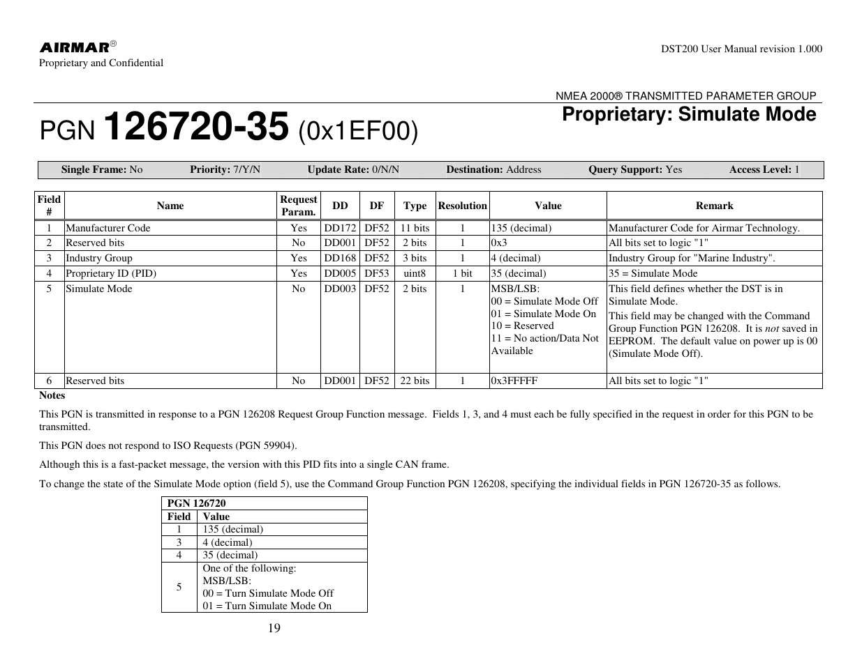 0x1ef00), Proprietary: simulate mode | Airmar NMEA 2000® Depth, Датчики User Manual | Page 21 / 62
