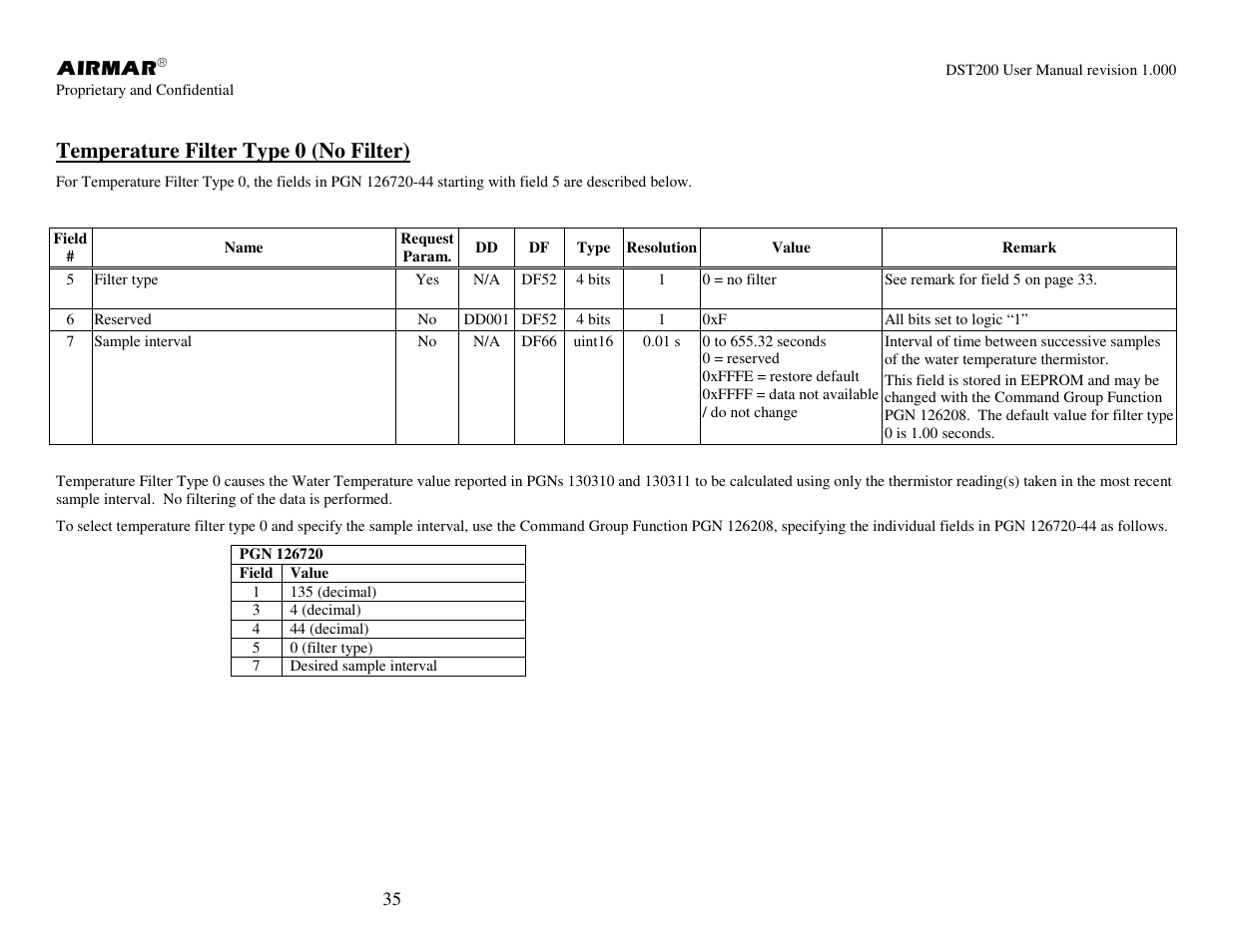 Temperature filter type 0 (no filter) | Airmar NMEA 2000® Depth, Датчики User Manual | Page 37 / 62