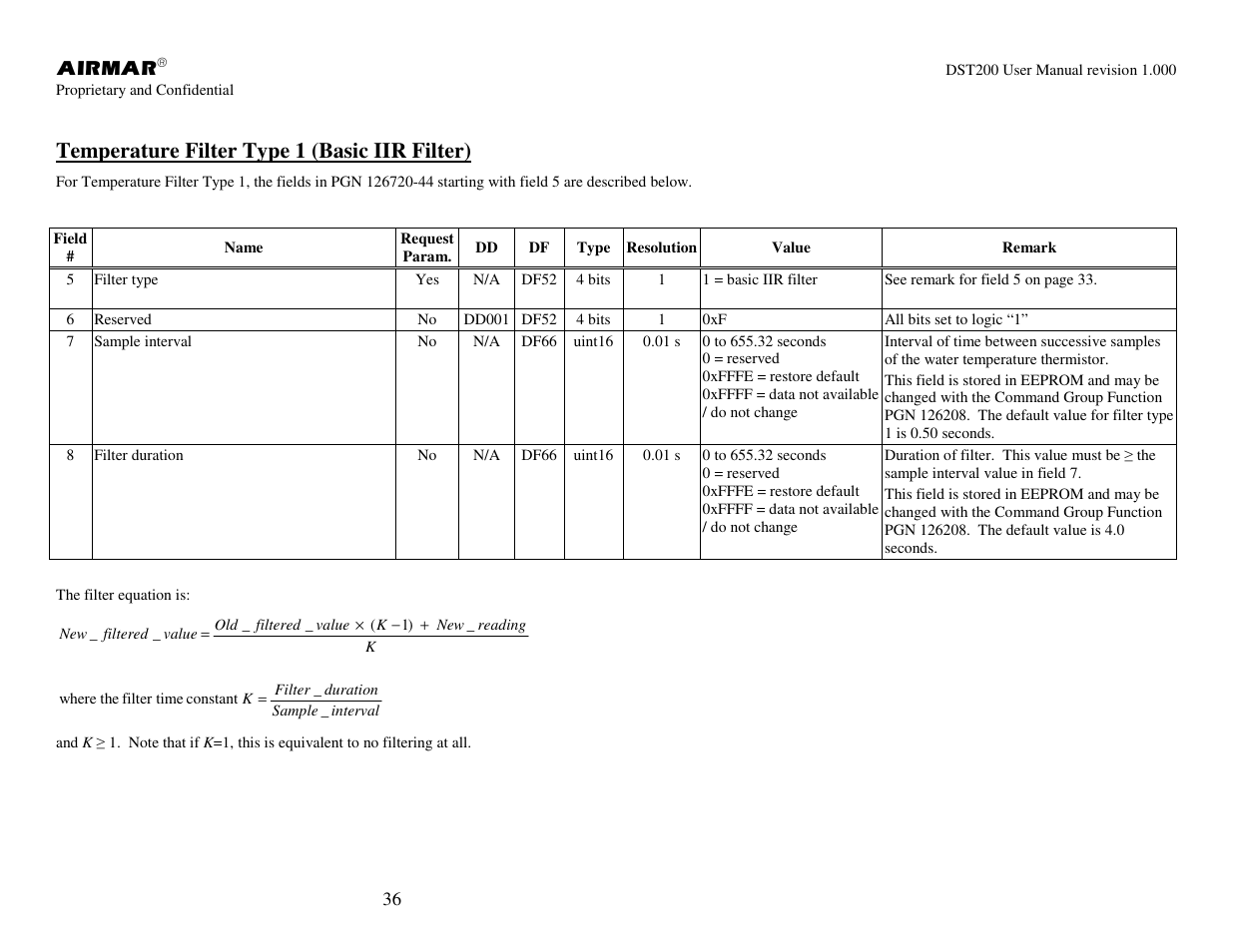 Temperature filter type 1 (basic iir filter) | Airmar NMEA 2000® Depth, Датчики User Manual | Page 38 / 62