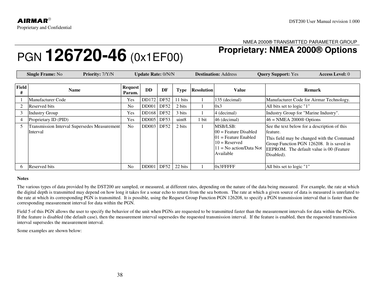 0x1ef00), Proprietary: nmea 2000® options | Airmar NMEA 2000® Depth, Датчики User Manual | Page 40 / 62