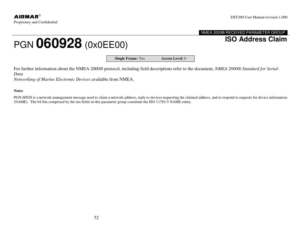 0x0ee00), Iso address claim | Airmar NMEA 2000® Depth, Датчики User Manual | Page 54 / 62