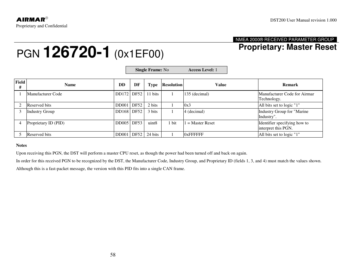 0x1ef00), Proprietary: master reset | Airmar NMEA 2000® Depth, Датчики User Manual | Page 60 / 62