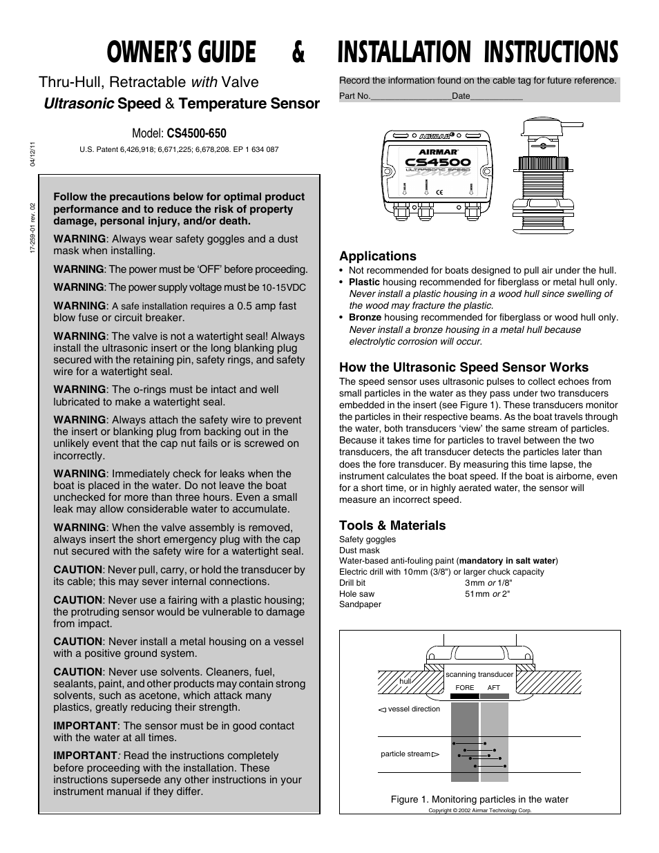 Airmar CS4500-650—Ultrasonic Speed User Manual | 6 pages