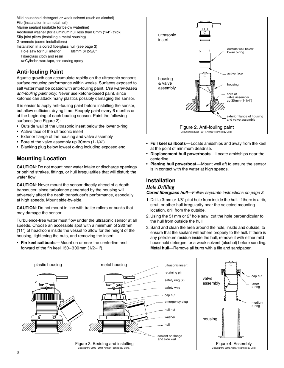 Anti-fouling paint, Mounting location, Installation | Hole drilling | Airmar CS4500-650—Ultrasonic Speed User Manual | Page 2 / 6