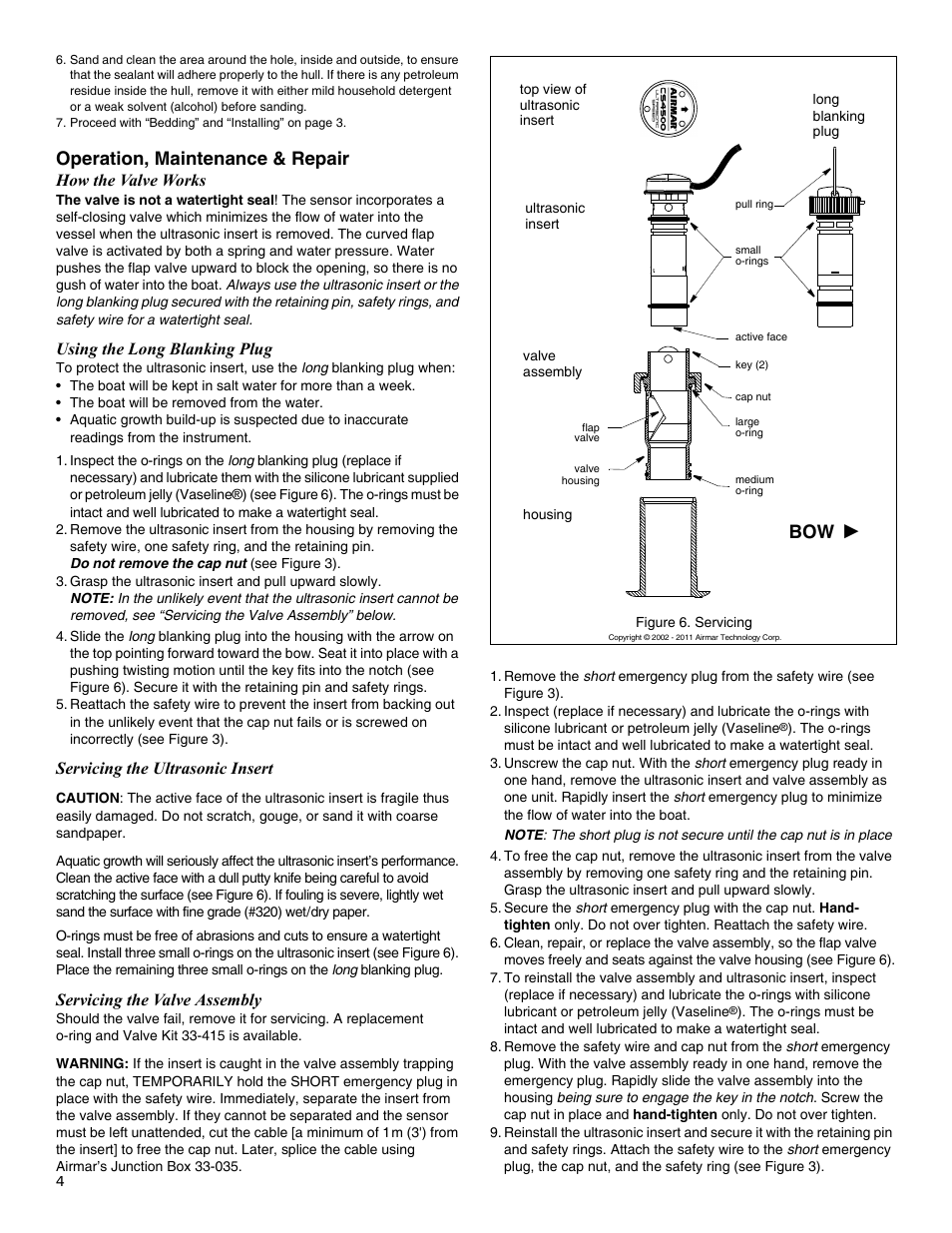 Operation, maintenance & repair, How the valve works, Using the long blanking plug | Servicing the ultrasonic insert, Servicing the valve assembly | Airmar CS4500-650—Ultrasonic Speed User Manual | Page 4 / 6