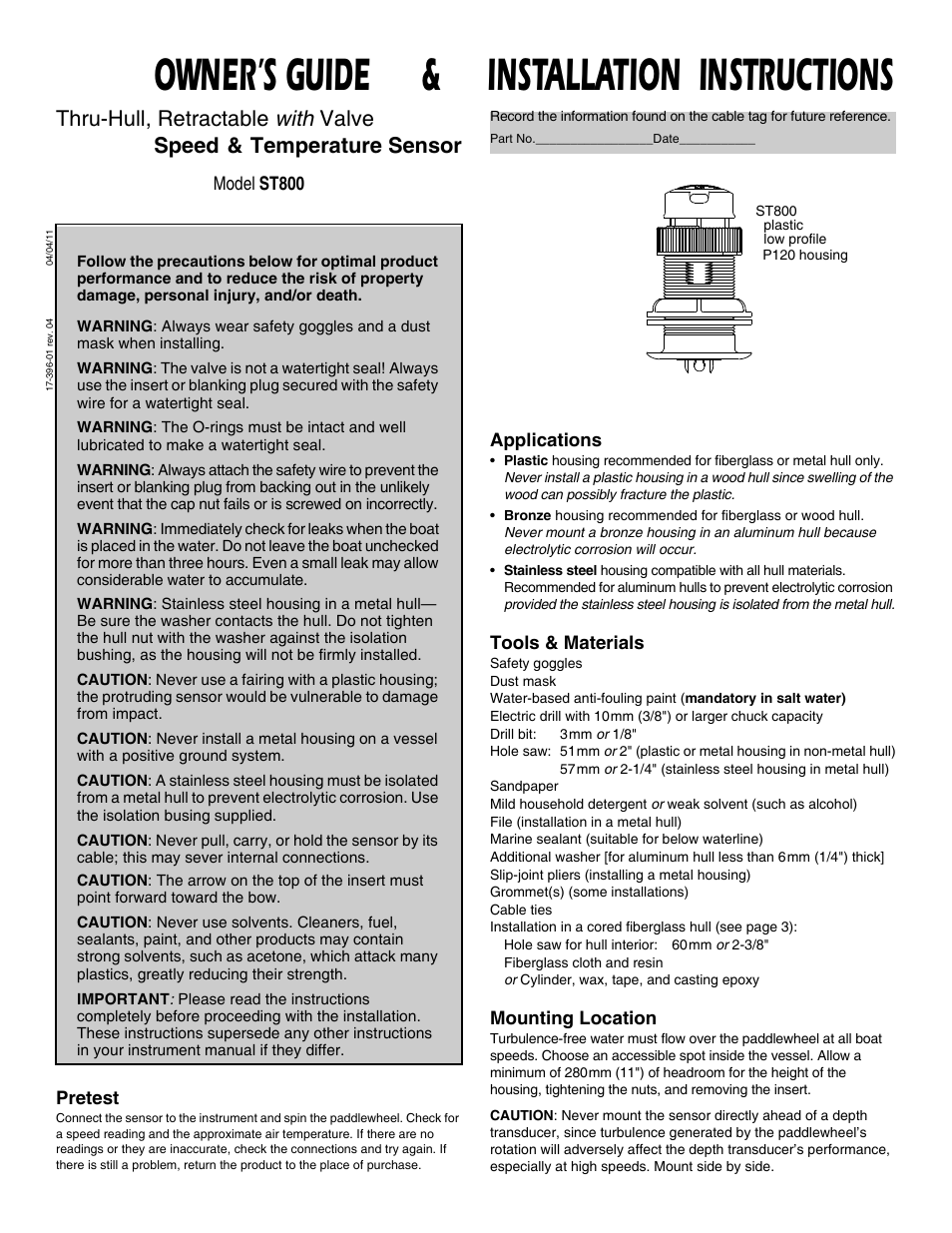 Airmar ST800—Retractable with Valve User Manual | 4 pages