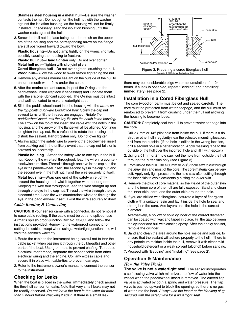 Checking for leaks, Installation in a cored fiberglass hull, Operation & maintenance | Cable routing & connecting, How the valve works | Airmar ST800—Retractable with Valve User Manual | Page 3 / 4