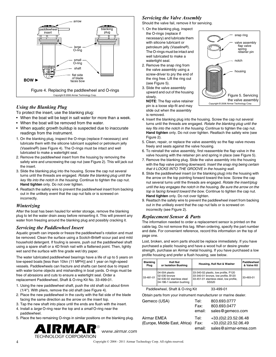 Airmar, Using the blanking plug, Winterizing | Servicing the paddlewheel insert, Servicing the valve assembly, Replacement sensor & parts | Airmar ST800—Retractable with Valve User Manual | Page 4 / 4