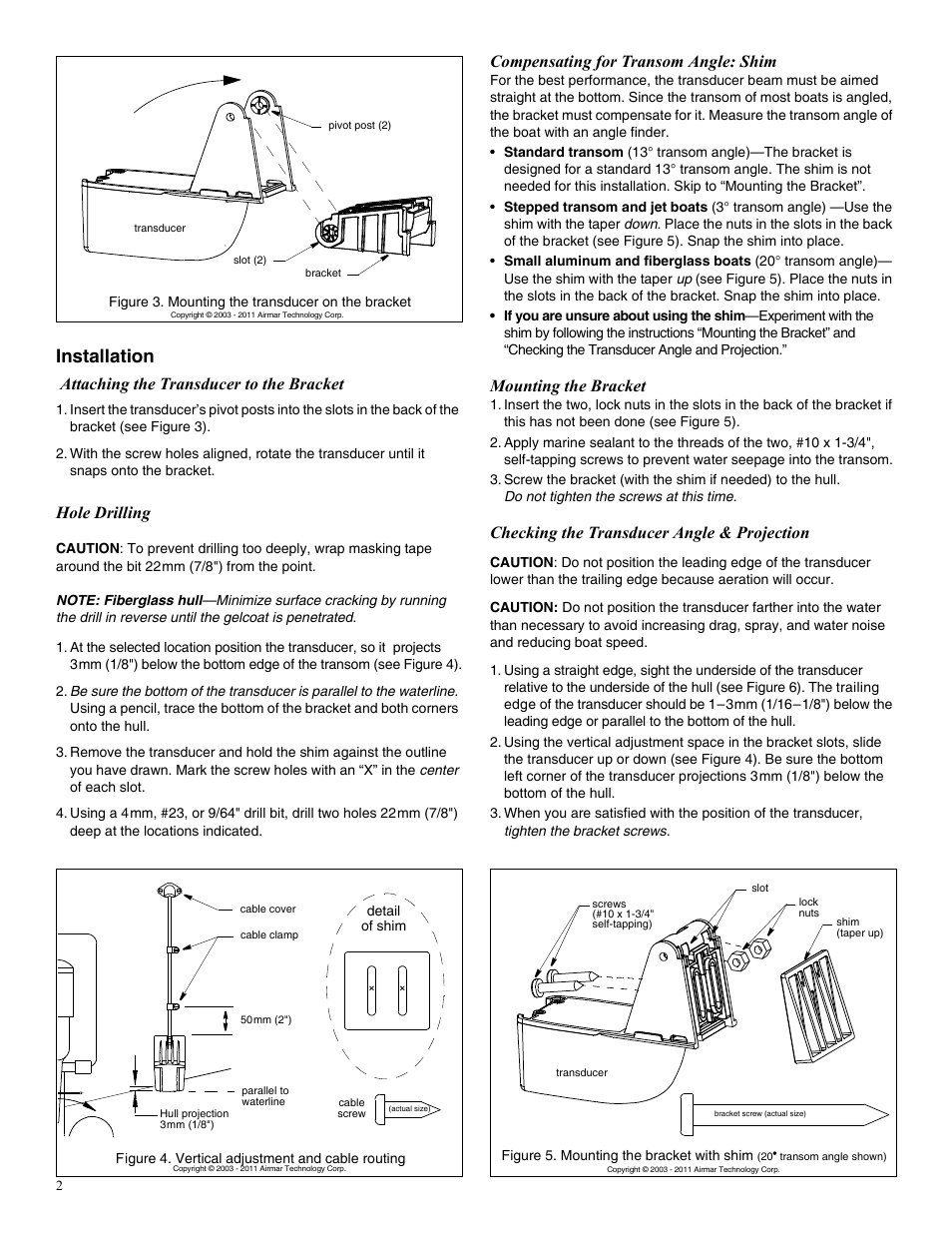 Installation, Attaching the transducer to the bracket, Hole drilling | Compensating for transom angle: shim, Mounting the bracket, Checking the transducer angle & projection | Airmar P39 TRIDUCER® Multisensor User Manual | Page 2 / 4