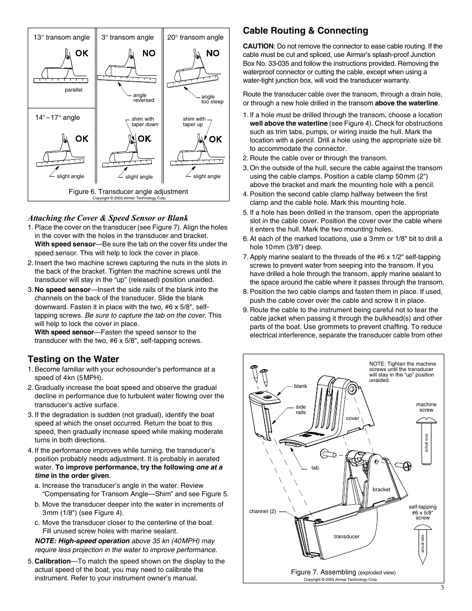 Testing on the water, Cable routing & connecting, Attaching the cover & speed sensor or blank | Airmar P39 TRIDUCER® Multisensor User Manual | Page 3 / 4