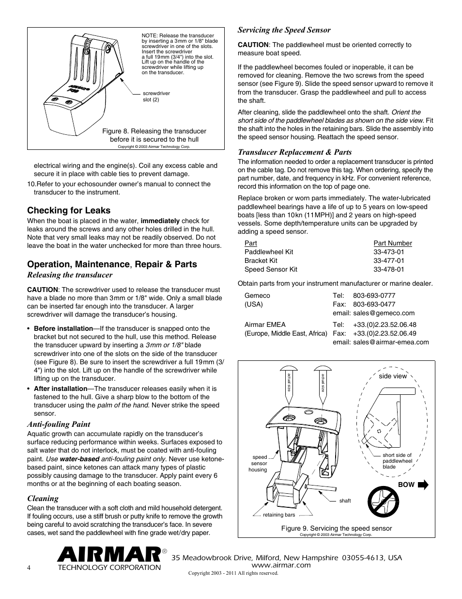 Airmar, Checking for leaks, Operation, maintenance , repair & parts | Releasing the transducer, Anti-fouling paint, Cleaning, Servicing the speed sensor, Transducer replacement & parts | Airmar P39 TRIDUCER® Multisensor User Manual | Page 4 / 4