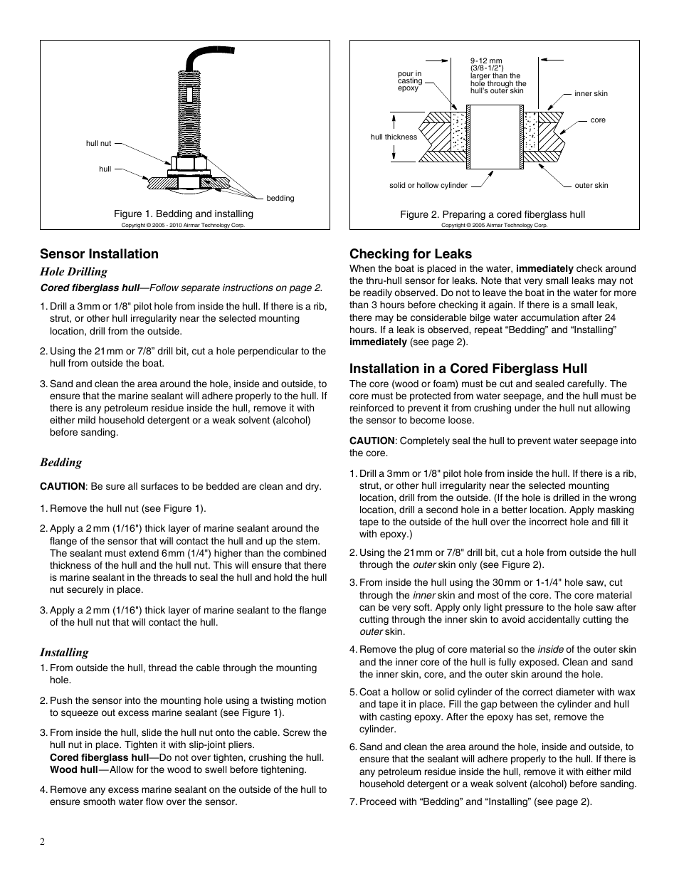 Sensor installation, Checking for leaks, Installation in a cored fiberglass hull | Hole drilling, Bedding, Installing | Airmar T42 Temperature Sensor User Manual | Page 2 / 4
